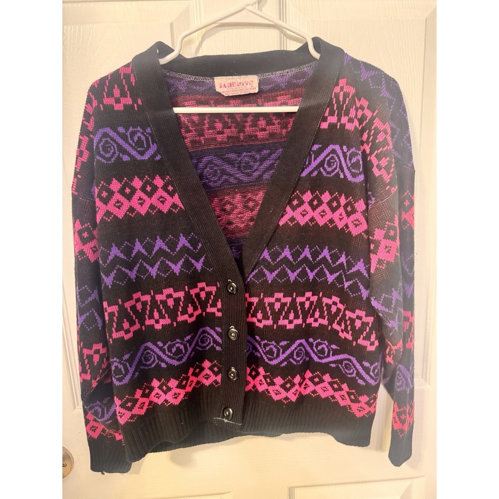 Vintage Jamenits Women's Cardigan Geometric Button Front Purple Pink M 80s